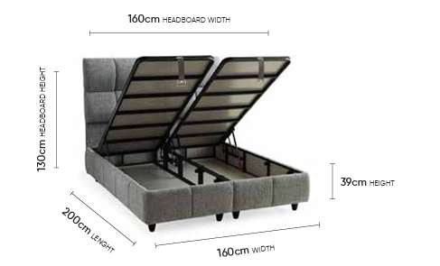 Puffy Grau Doppelbett mit Bettkasten – Maßzeichnung