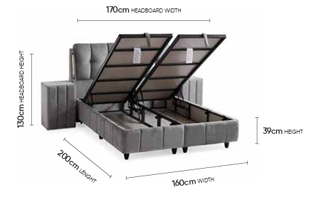 Roma Grau Doppelbett mit Bettkasten – Maßzeichnung