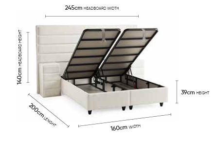 Calista Creme Doppelbett mit Bettkasten – Maßzeichnung