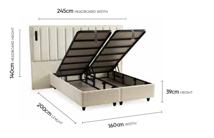 Pella Creme Doppelbett mit Bettkasten – Maßzeichnung