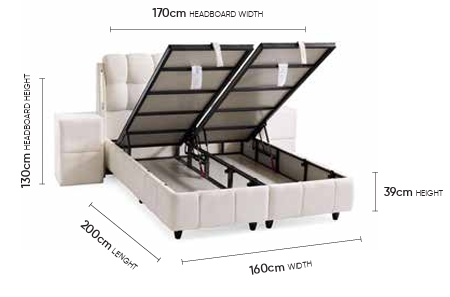 Roma Creme Doppelbett mit Bettkasten – Maßzeichnung