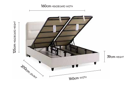 Dallas Creme Doppelbett mit Bettkasten – Maßzeichnung